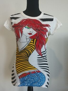BONGO White Tee with Red Hair Graphic and Yellow Striped Top